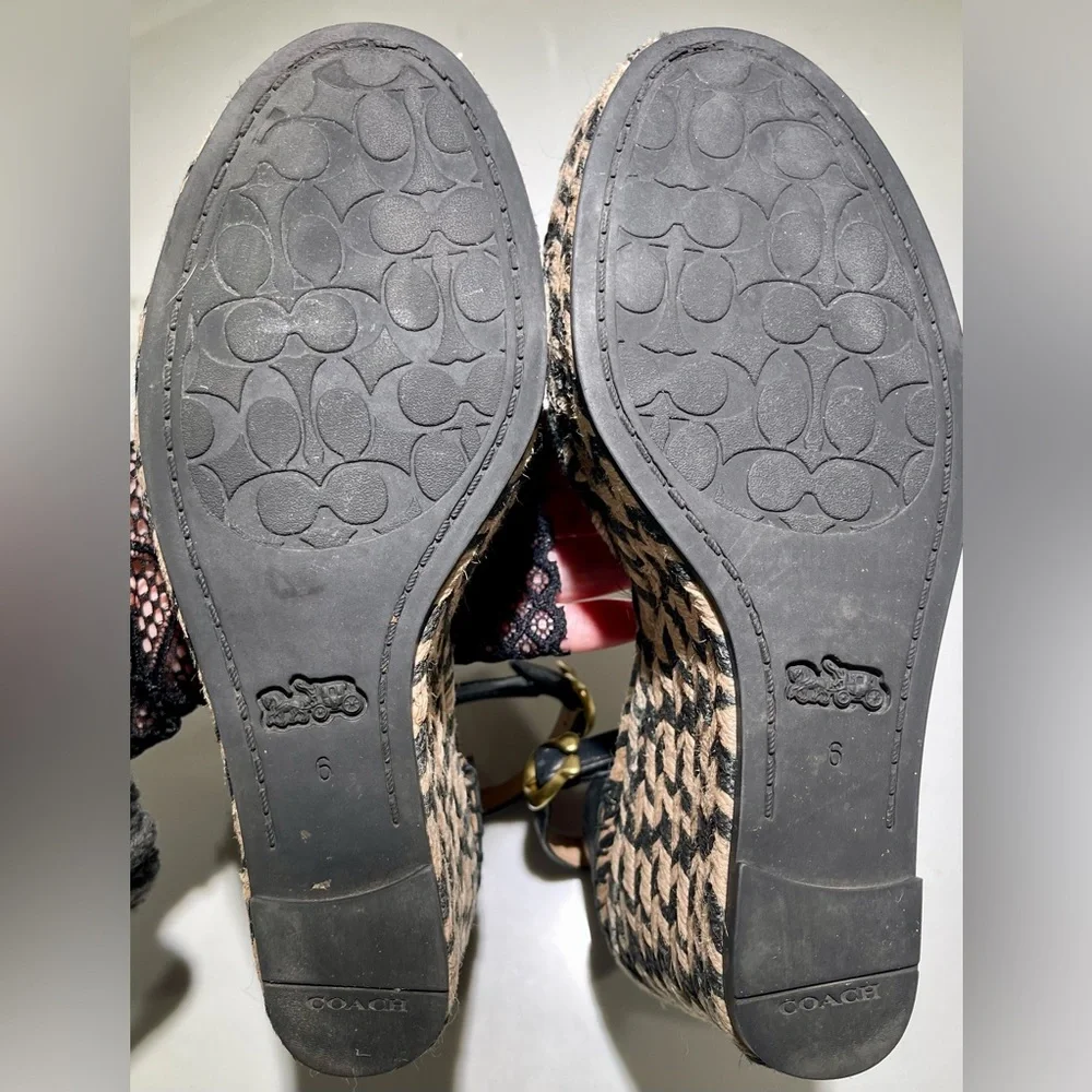 🥳🥳 COACH Kit Espadrilles, Black leather Wedge Peep Toe Platform Sandal Size 6 - Picture 3 of 12